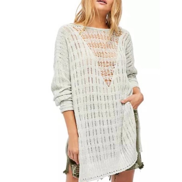 Free People Sweaters - FREE PEOPLE Sweater Womens Mint Green Pretty In Pointelle Pullover Mineral